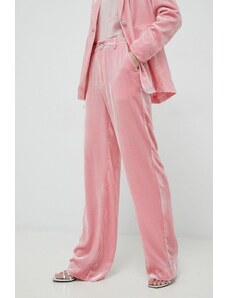 Custommade pantaloni de matase Pamela femei, culoarea roz, lat, high waist