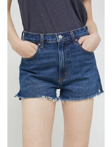 Abercrombie & Fitch pantaloni scurti jeans femei, culoarea albastru marin, neted, high waist