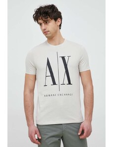 Armani Exchange tricou din bumbac culoarea bej, cu imprimeu