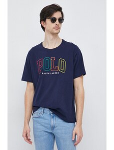 Polo Ralph Lauren tricou din bumbac culoarea albastru marin, cu imprimeu