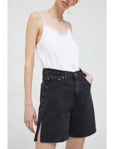 Abercrombie & Fitch pantaloni scurti jeans femei, culoarea negru, neted, high waist
