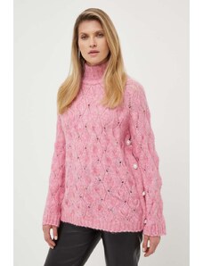 Custommade pulover de lana Taina femei, culoarea roz, cu guler