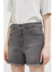 Volcom pantaloni scurti jeans femei, culoarea gri, neted, high waist