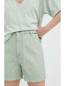 G-Star Raw pantaloni scurti jeans femei, culoarea verde, neted, high waist