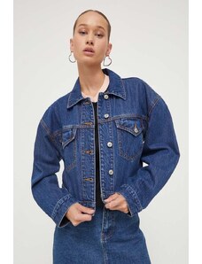 Abercrombie & Fitch geaca jeans femei, culoarea albastru marin, de tranzitie, oversize