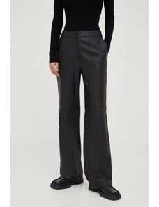 Bruuns Bazaar pantaloni de piele femei, culoarea negru, lat, high waist