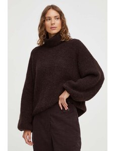 Gestuz pulover de lana femei, culoarea maro, călduros, cu guler