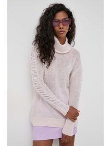 Pinko pulover de lana femei, culoarea roz, light, cu guler