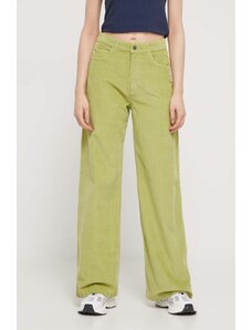 Roxy pantaloni de catifea cord culoarea verde, lat, high waist