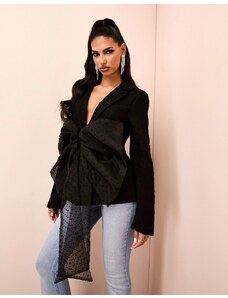ASOS LUXE boucle blazer with dobby organza bow in black