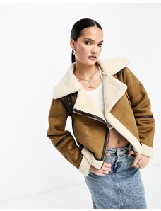 Stradivarius cropped aviator jacket with contrast piping in tan-Brown