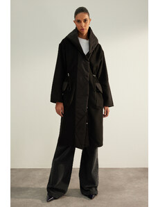 Trendyol Limited Edition Black Hooded Oversize Wide Cut Wool Stamp Coat
