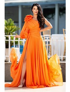 Rochie de lux Chic Diva orange lunga cu fronseuri si floare 3D InPuff