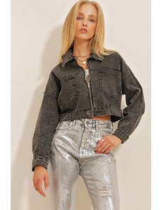 Trend Alaçatı Stili femei antracit dublu buzunar fermoar crop denim jachetă