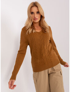 Fashionhunters Light brown women's sweater with cable neckline