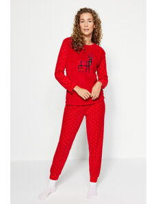 Trendyol Red Wellsoft Deer Pattern Tshirt-Jogger Knitted Pajamas Set