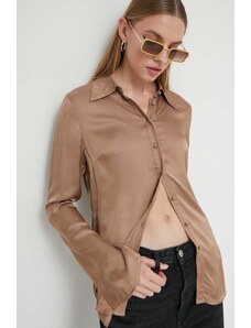 Superdry camasa femei, culoarea maro, cu guler clasic, regular