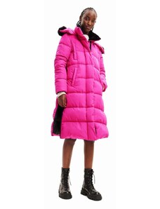 Desigual palton 23WWEWAZ WOMAN WOVEN PADDED LONG OVERCOA femei, culoarea roz, de iarna