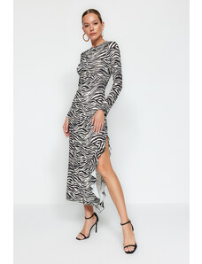 Trendyol Black Zebra Patterned Slit Fusta cu volane Maxi Stretch Knit Dress