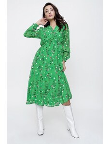 By Saygı Rochie verde din sifon cu jumătăți de nasturi în față, talie elastică și rochie din sifon floral căptușită