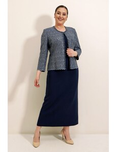 By Saygı Lined Crepe Long Dress with Stony Collar Stitches and Pleat Jacket Plus Size Double Wear Suit Navy Blue