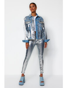 Jachetă denim Trendyol Silver Shiny Metallic Printed