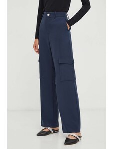 Custommade pantaloni femei, culoarea albastru marin, drept, high waist