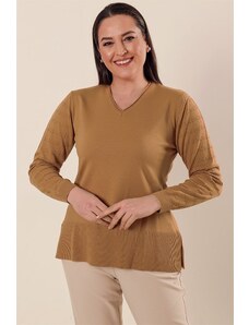 By Saygı De saygı pulover acrilic cu gât în V Mink plus dimensiune cu mâneci cu model și fante în lateral.