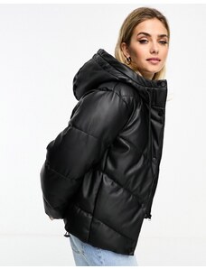 Pull&Bear faux leather puffer jacket with hood in black