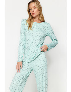 Trendyol Mint Cotton Heart Patterned Tshirt-Pants Knitted Pajama Set