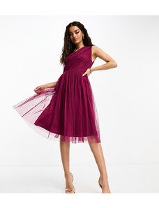 Anaya Petite Bridesmaid tulle one shoulder midi dress in berry-Red