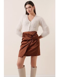 By Saygı Knotted Satin Skirt Brown