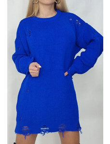 FashionForYou Pulover lung tricotat Laura, cu decupaje in material, Albastru, Marime universala S/M/L (Marime: One Size S-M-L)