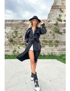 Trend Alaçatı Stili Women's Black Double Pocket Trenci cu curea și căptușeală