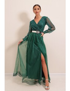 By Saygı guler dublu, mâneci lungi căptușite cu curea, rochie lungă cu fermoar, smarald