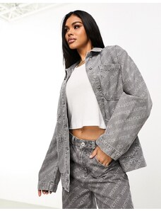 ASOS Weekend Collective co-ord oversized laser print denim jacket in washed grey