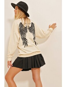 Trend Alaçatı Stili Women's Beige Crew Neck Front And Back Wings Printed Oversize Sweatshirt