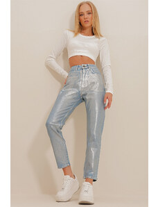 Trend Alaçatı Stili femei albastru talie înaltă folie acoperite mom Jeans