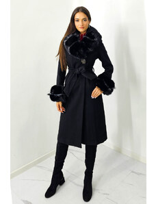 FashionForYou Palton elegant Anastasia, cu brosa, mansete si guler din blana ecologica, Negru (Marime: 36)