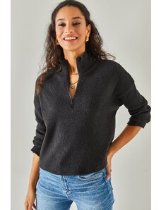Olalook femei negru fermoar stand-up guler Sharding pulover