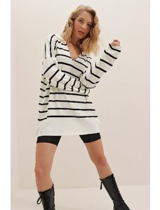 Trend alaçatı stili femei alb polo gât dungi lung supradimensionat gros tricotaj pulover