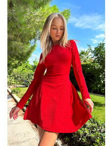 Trend Alaçatı Stili femei Red Crew Neck cusătură detaliu Flare Mini Dress