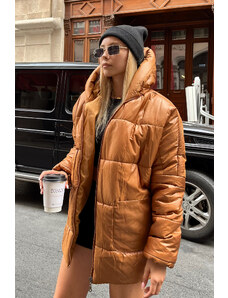 Trend Alaçatı Stili femei Taba glugă buzunar exterior puffer moda oversize jos jachetă