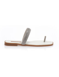 Tsoukalas Sandale argintii lucrate manual din piele regenerată cu design cu inel și căpută cu strasuri