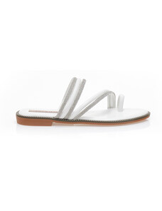 Tsoukalas Sandale albe cu barete multiple din imitație de piele și strasuri și design cu inel
