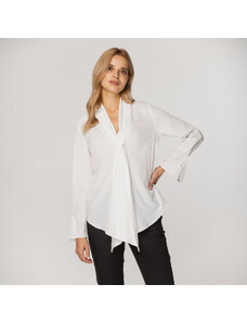 Willsoor Bluză albă din satin pentru femei cu manșete largi 15756