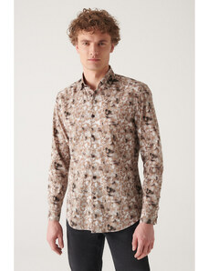 Avva Men's Camel Abstract Pattern 100% Cotton Slim Fit Slim Fit Shirt