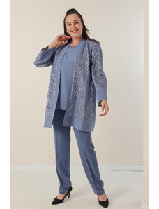 By Saygı Plus Size 3-piece Set with A Jacket, Blouse and Pants with sequin Detail.