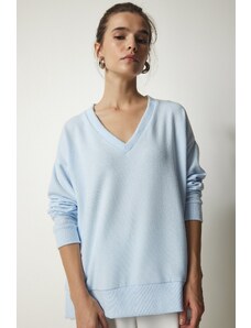 Happiness İstanbul Fericire İstanbul femei Sky Blue V-Neck Soft Tricotat Pulover