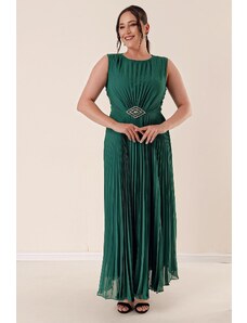 By Saygı cataramă talie plisată căptușită sifon rochie lungă verde